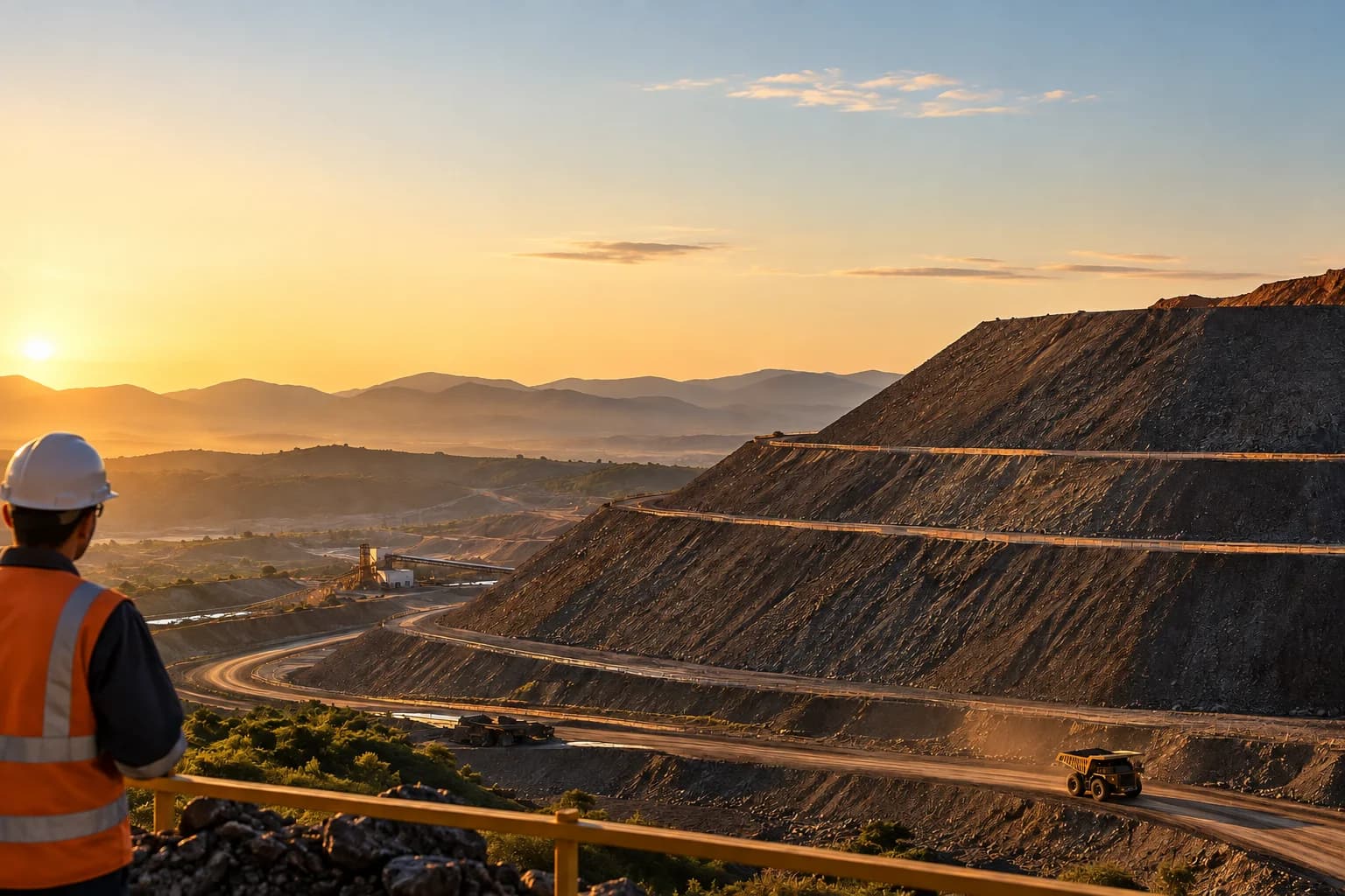 Minerador contempla a mina ao pôr do sol